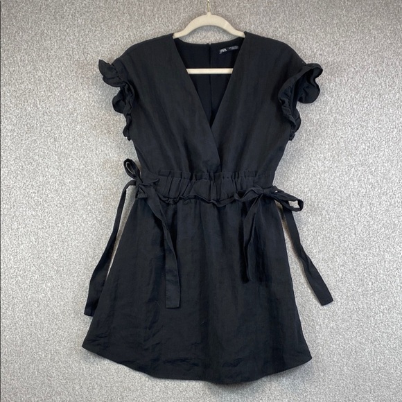 Zara little black dress S cinched waist fit and flare open back v-neck ruffle - Picture 1 of 13